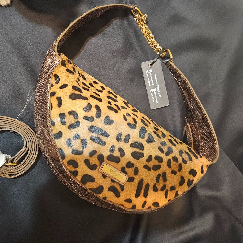 SHARIF Leopard Print Legacy Caviar Snake and Haircalf Leather Chain Hobo bag NWT